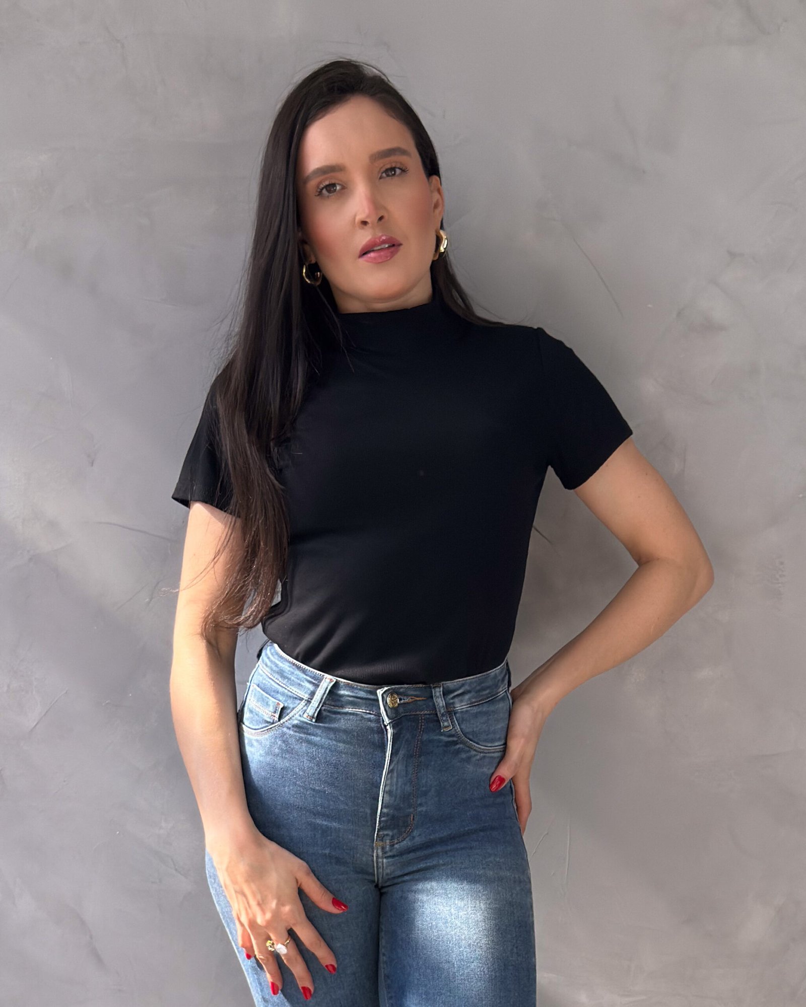 Blusa Manga Curta Gola Alta Canelada - Imagem 4