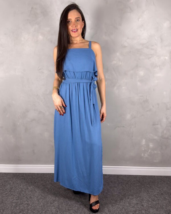 Vestido Longo de Alça Regulável com Faixa na Cintura
