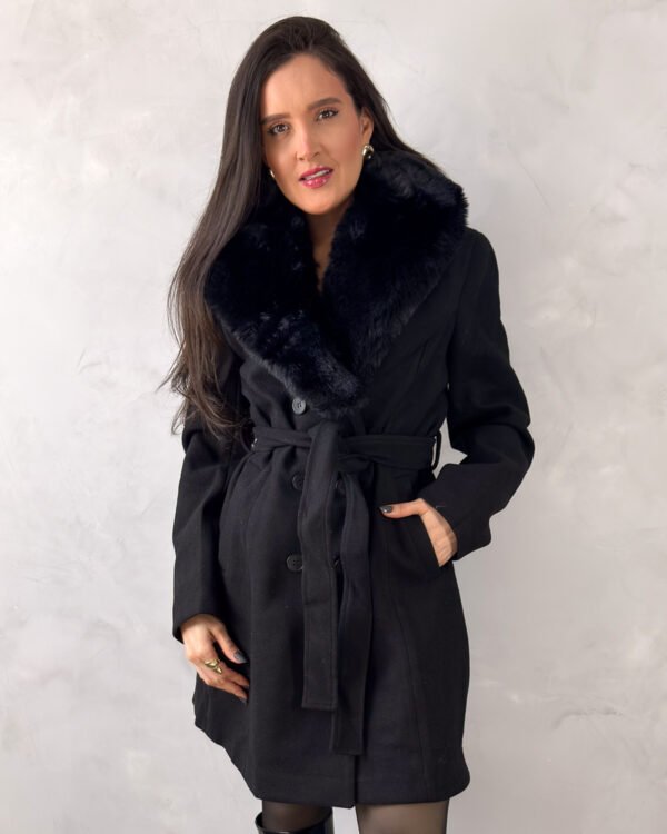 Sobretudo Lã Batida com Gola Peluciada Removível