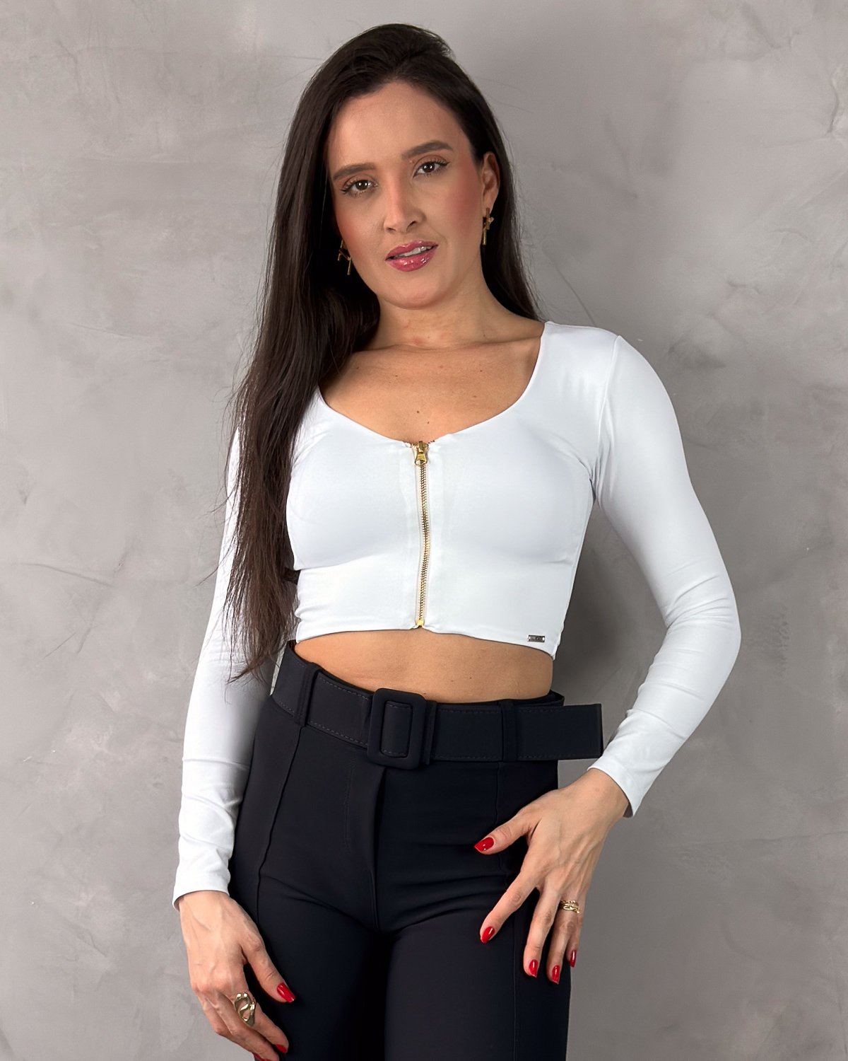 Cropped Manga Longa com Zíper Frontal em Poliamida