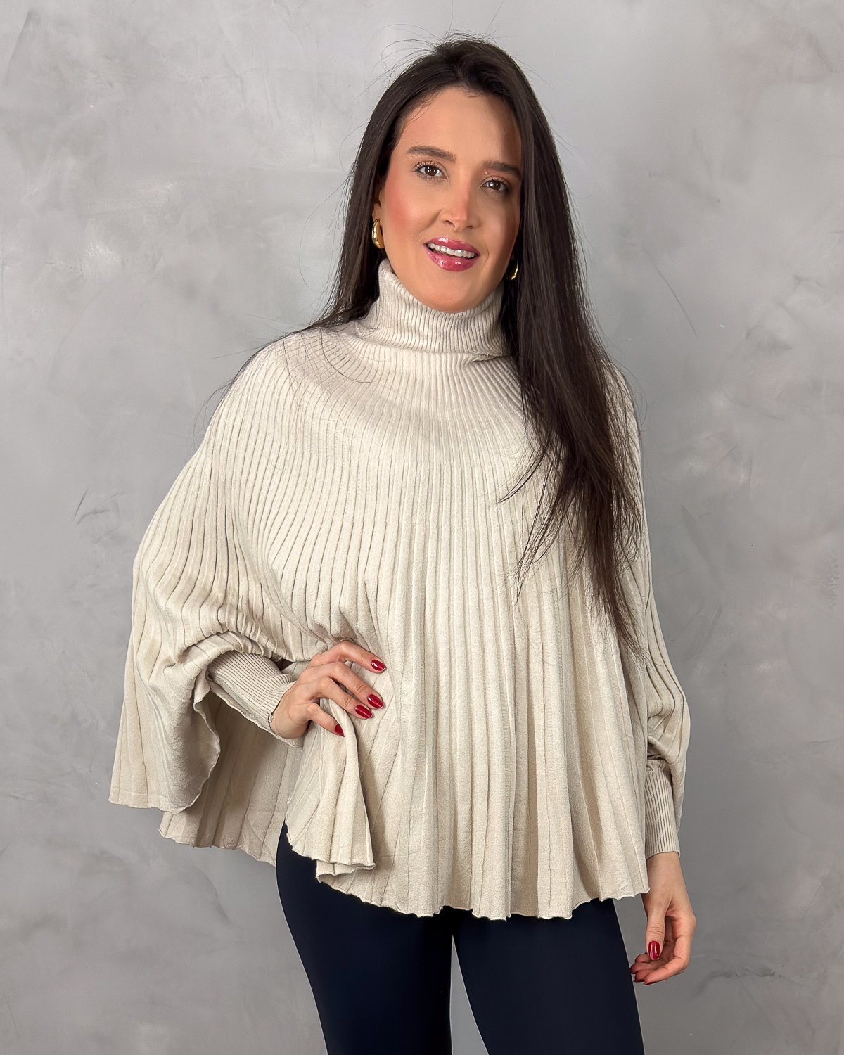 Blusa Manga Longa Ampla Gola Alta Tricot Mousse - Imagem 9