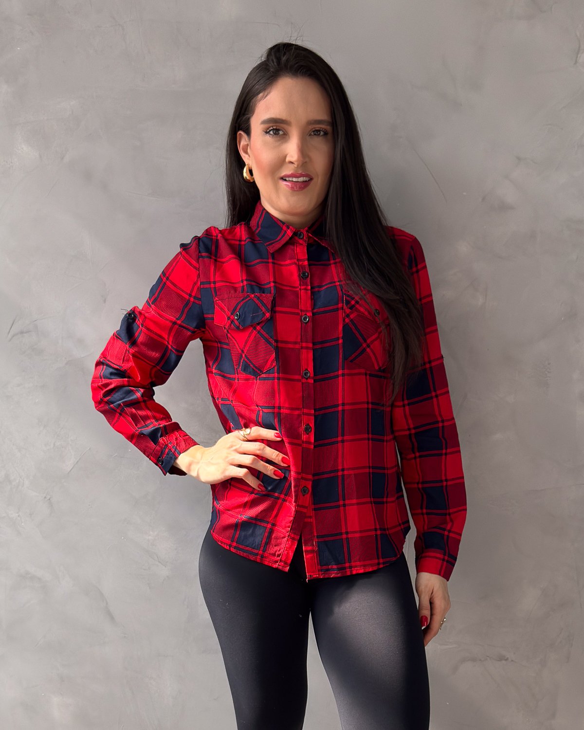 Camisa Xadrez Manga Longa com Bolsos