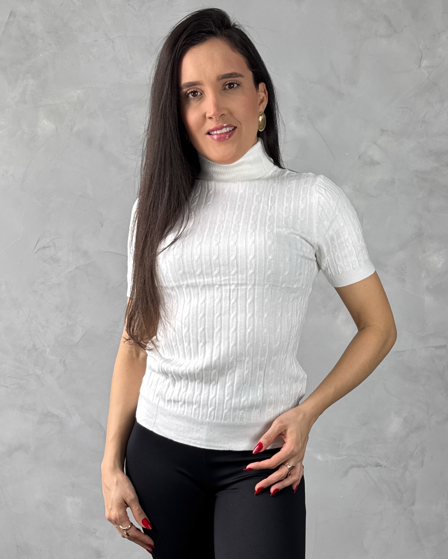 Blusa Manga Curta Gola Alta Tricot Mousse