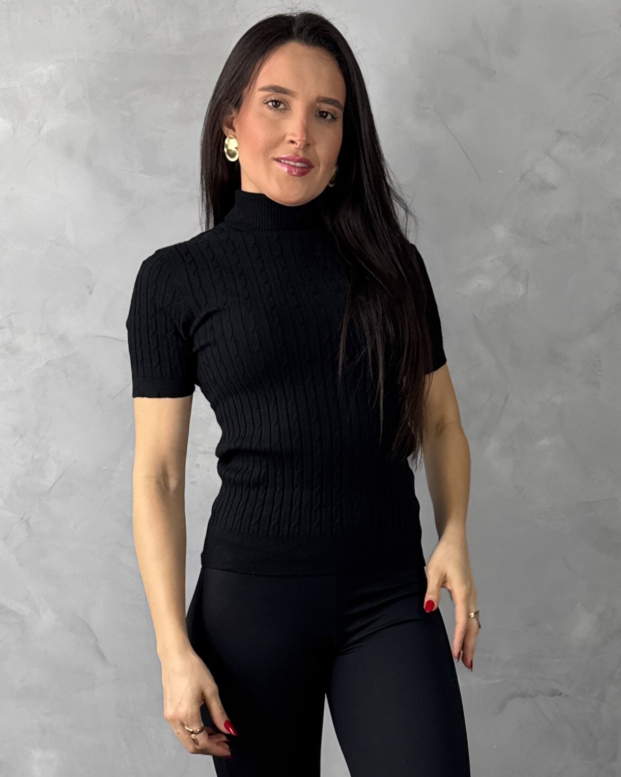 Blusa Manga Curta Gola Alta Tricot Mousse - Imagem 2