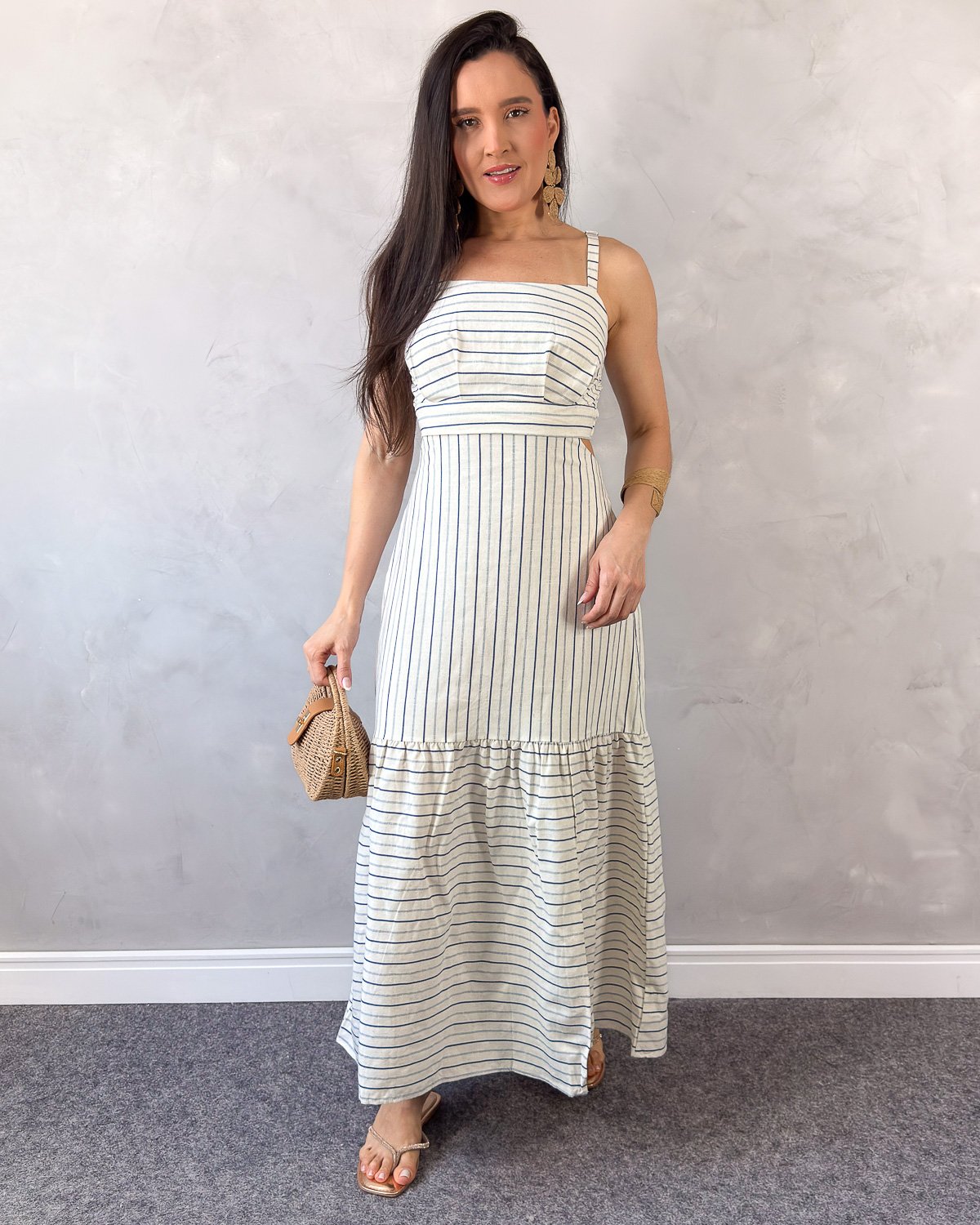 Vestido Longo em Linho Listrado com Recorte na Cintura - Imagem 5