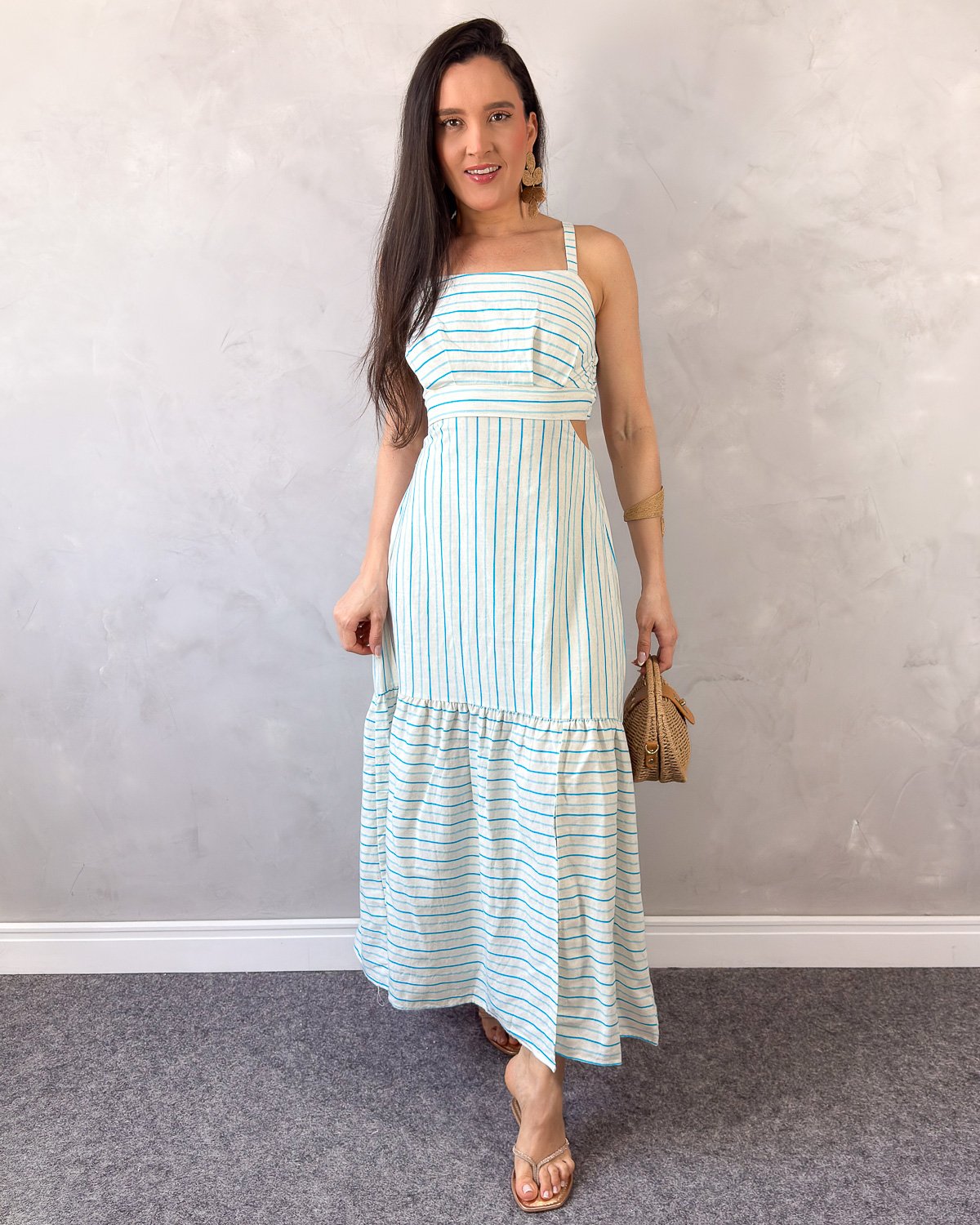 Vestido Longo em Linho Listrado com Recorte na Cintura - Imagem 9