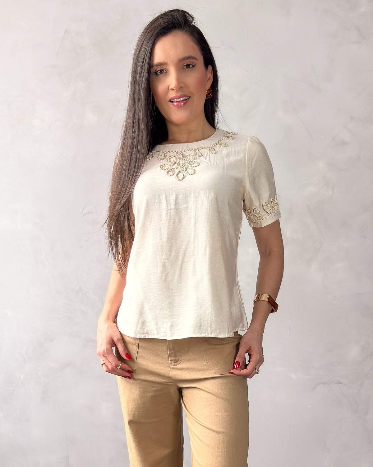 Blusa Manga Curta Bordada Viscose - Imagem 2