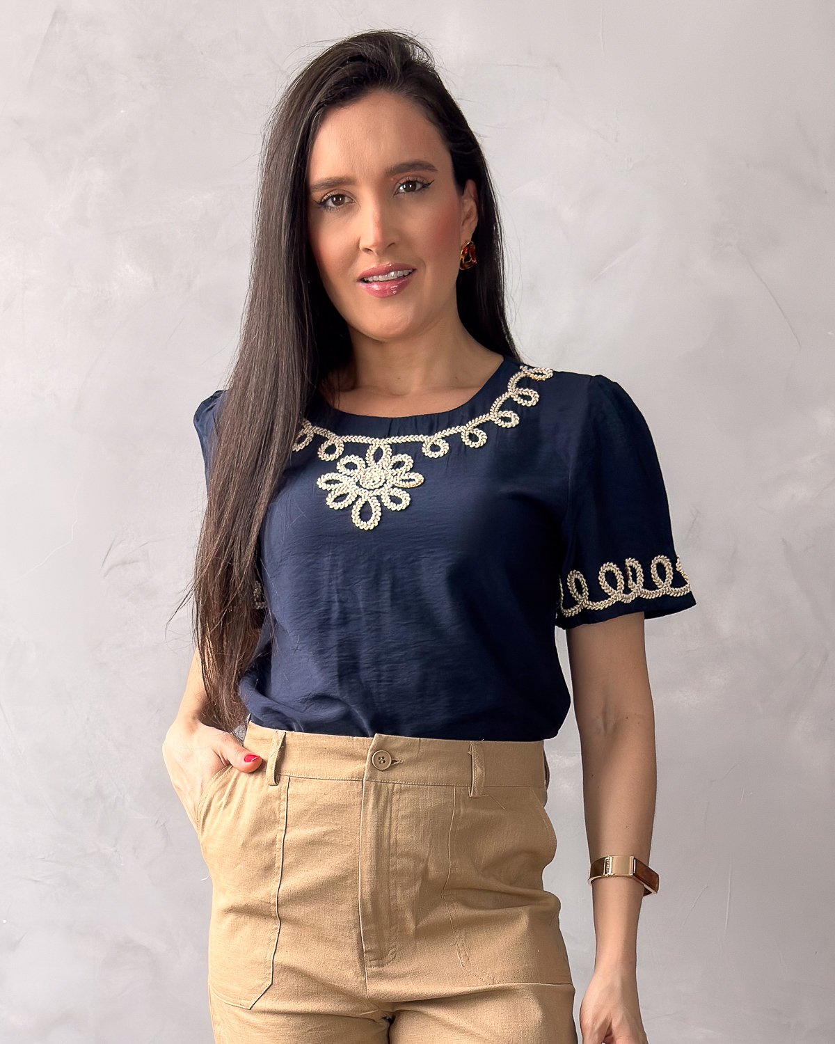 Blusa Manga Curta Bordada Viscose - Imagem 3