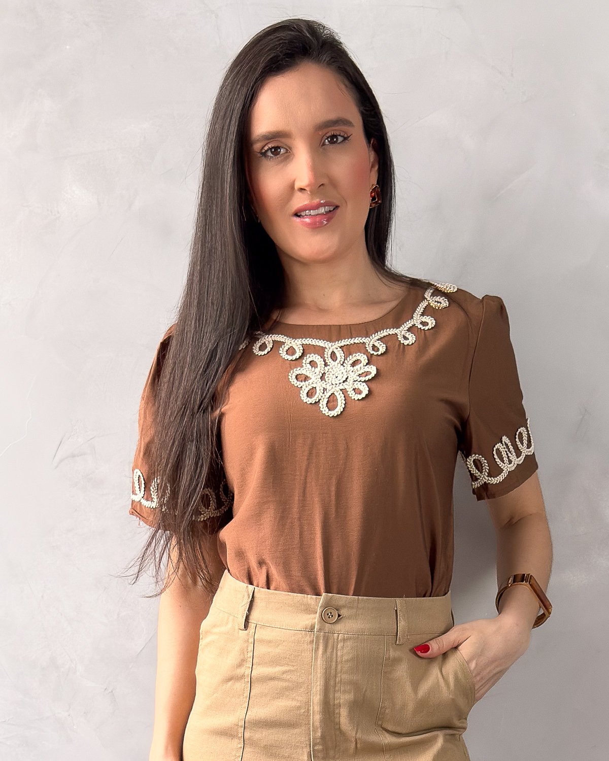 Blusa Manga Curta Bordada Viscose - Imagem 5